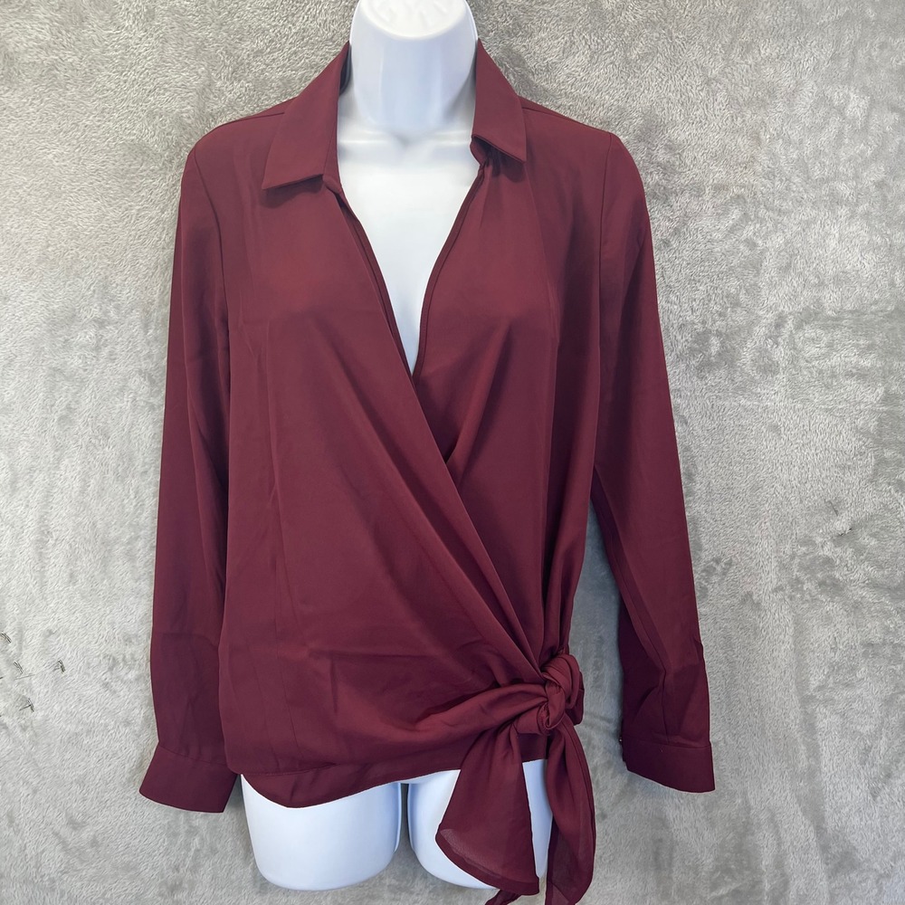 Venus Burgundy Wrap Front Tie‎ Waist Long Sleeve Blouse Top Sz 2